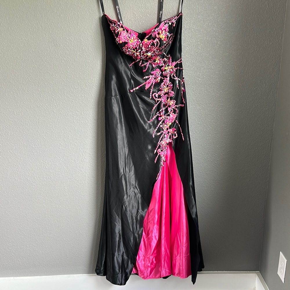 Tony Bowls Black/Fuchsia (Pink) Asymmetrical Embellished Prom Gown